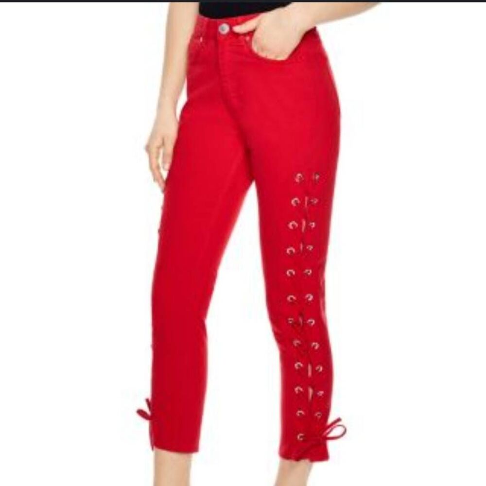 Sandro Paris Hadera Lace Up‎ Jeans Size FR 36 US 4 Red Cotton ASO Riverdale